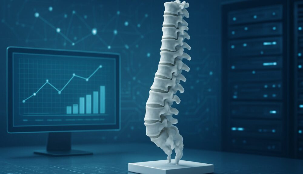 A 3D model of a human spine against a digital background with graphs, representing advanced spine treatments.