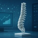 A 3D model of a human spine against a digital background with graphs, representing advanced spine treatments.