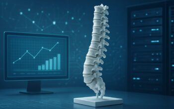 A 3D model of a human spine against a digital background with graphs, representing advanced spine treatments.