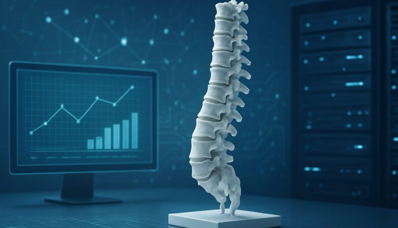 A 3D model of a human spine against a digital background with graphs, representing advanced spine treatments.