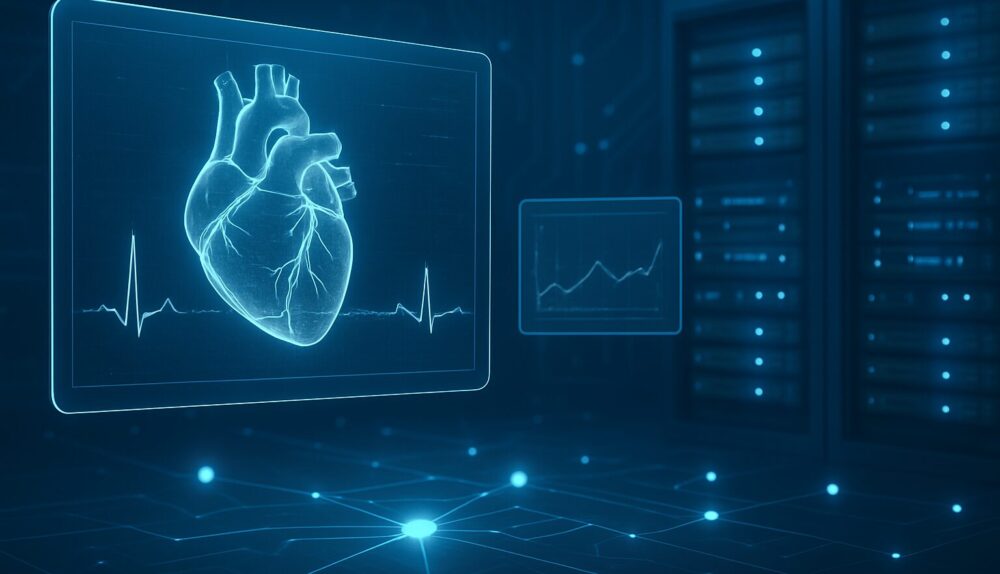 Digital illustration of a heart displayed on a futuristic screen with a heartbeat graph and data analytics background.