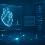 Digital illustration of a heart displayed on a futuristic screen with a heartbeat graph and data analytics background.