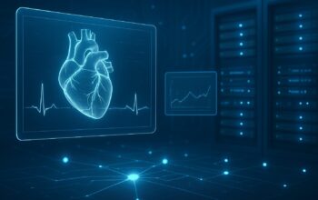 Digital illustration of a heart displayed on a futuristic screen with a heartbeat graph and data analytics background.