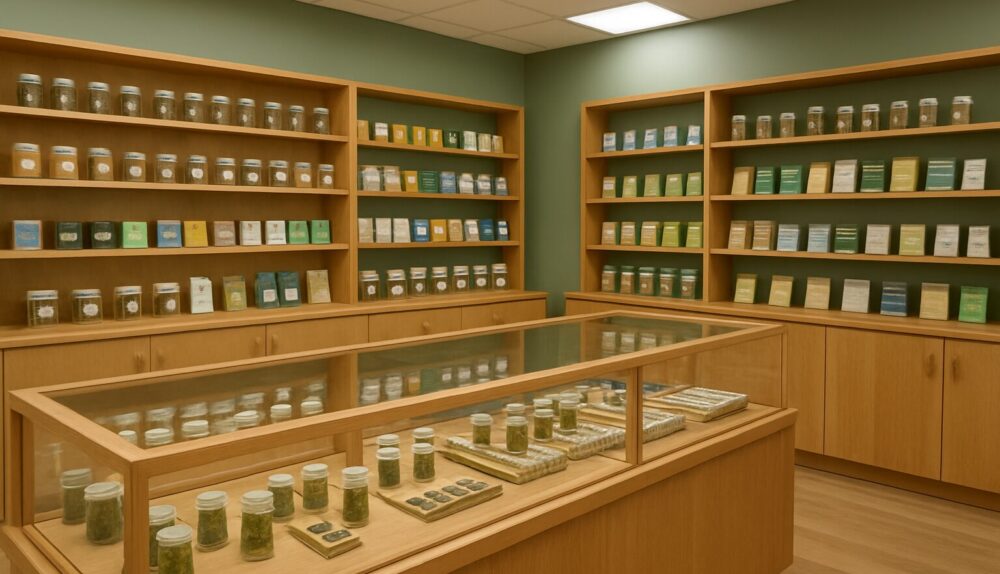 interior of a cannabis store featuring jars and packaged products on shelves