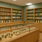 interior of a cannabis store featuring jars and packaged products on shelves