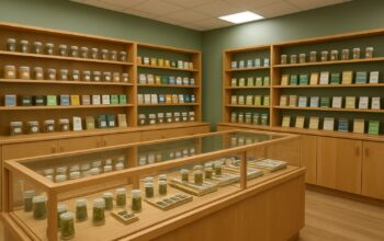 interior of a cannabis store featuring jars and packaged products on shelves